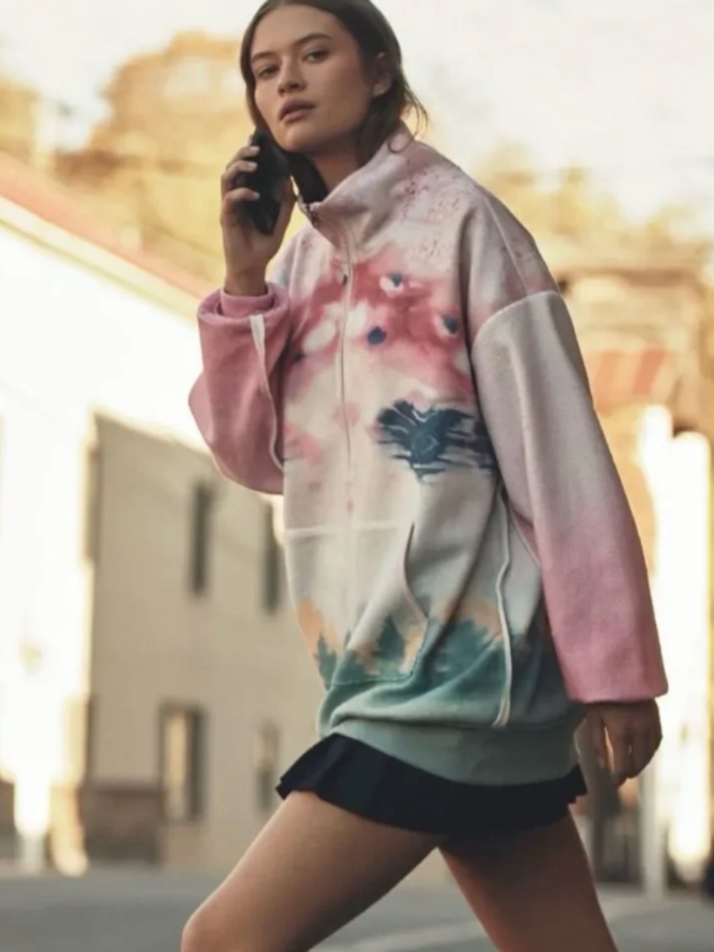 Anthropologie Pilcro Half-Zip Pullover Sweatshirt in Pink Pattern